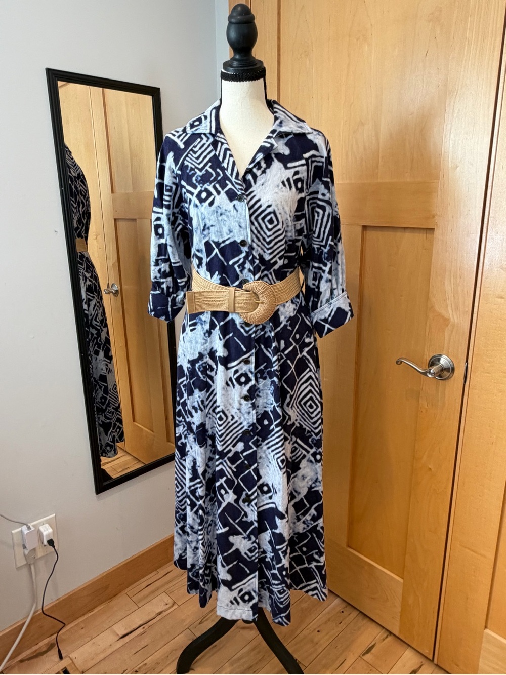 Donna Karan Navy & White Geometric Print Button-Down Maxi Dress